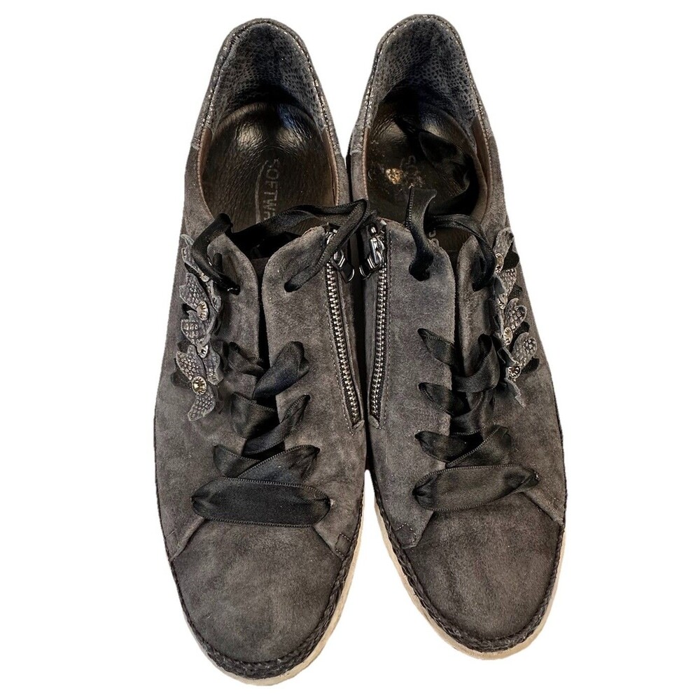 Softwaves Black Suede Ribbon Laces Zipper Rhinestone Flowers Size Eu40/US 9.5